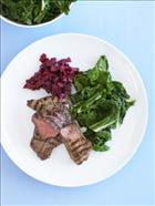 Chargrilled Kangaroo Steaks with Hummus, Silverbeet and Beetroot & Apple Relish
