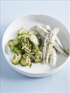 Grilled Flathead with Brussels Sprouts, Anchovy and Flaked Almonds